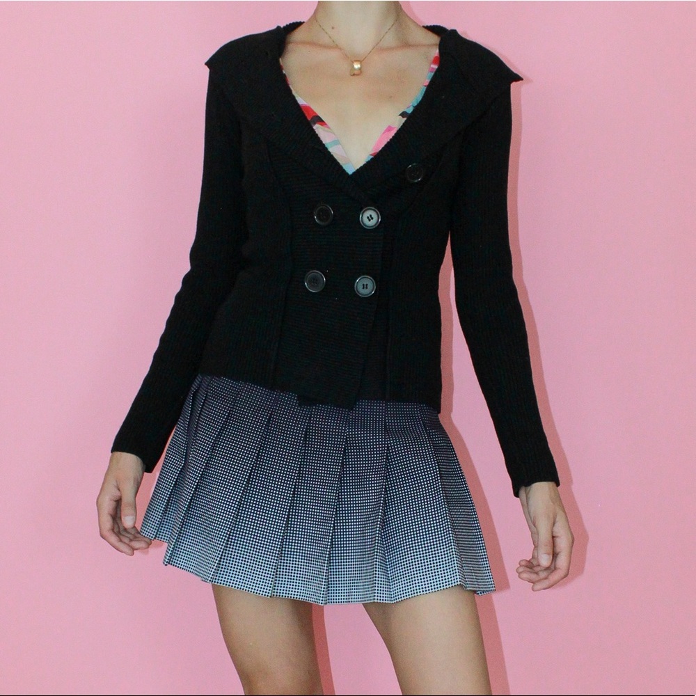 VTG y2k Black Ribbed Knit Double-Breasted Long Sleeve Hoodie Cardigan - Small